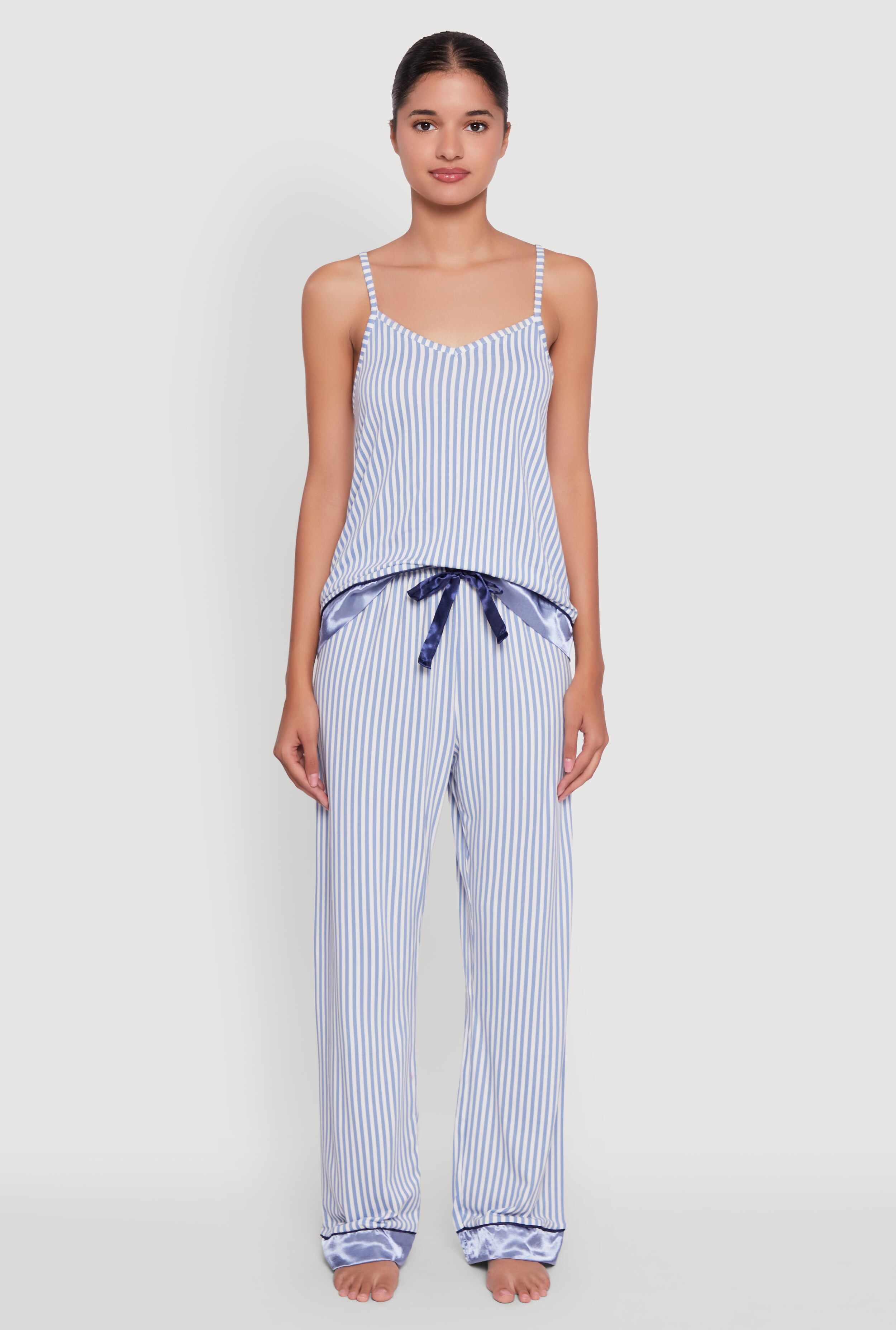 Striped Contrast Satin Trim Pajama Cami and Pants