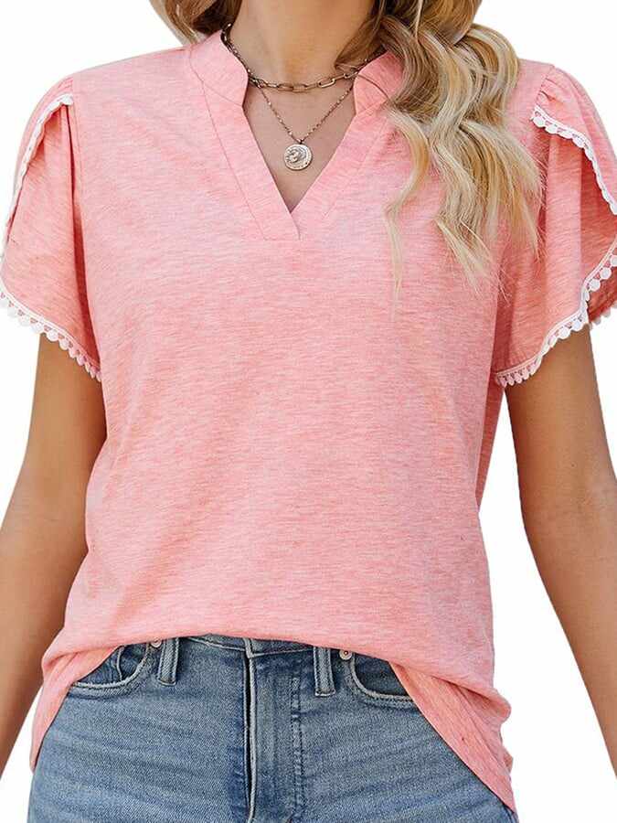 Solid V-neck Lace Short Sleeve Casual Top