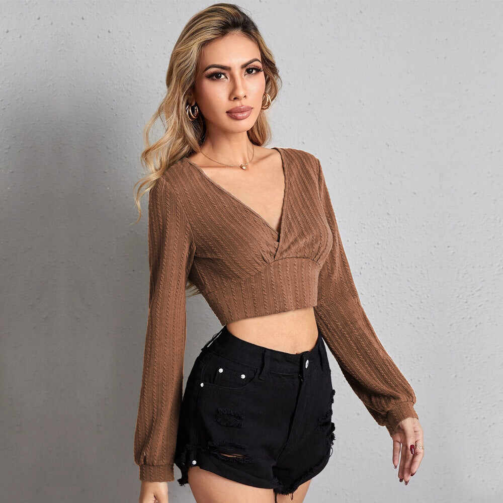 Women's V-neck Slim-fit Top Cable Fabric Long-sleeve T-shirt