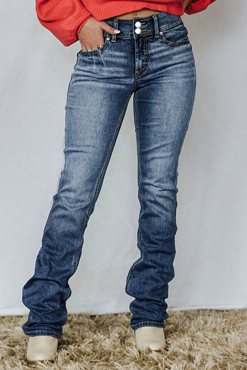 Washed Dual Button Flap Pocket Mid Waist Bootcut Jeans