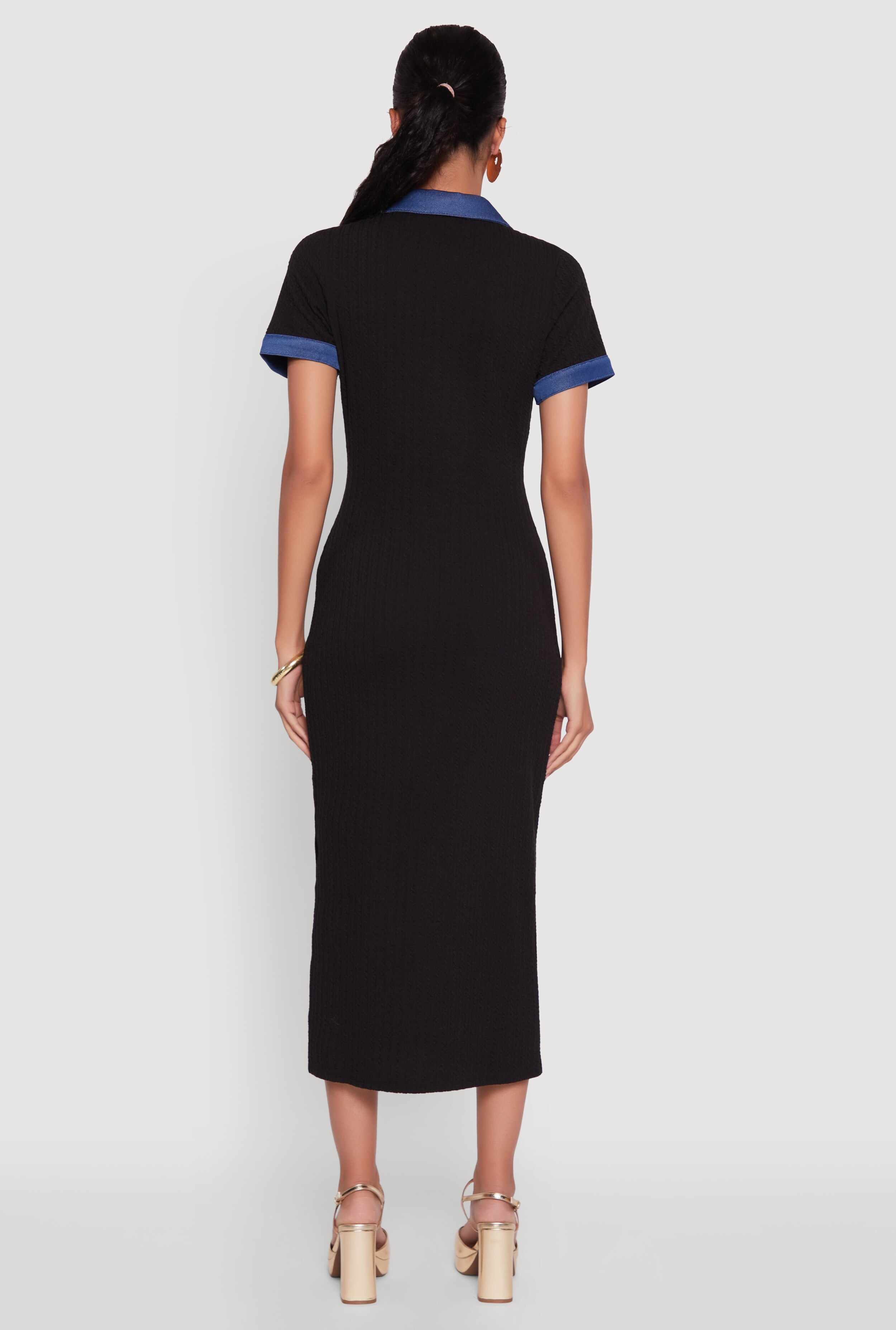 Denim Trim Dress with Polo Collar and Side Slit