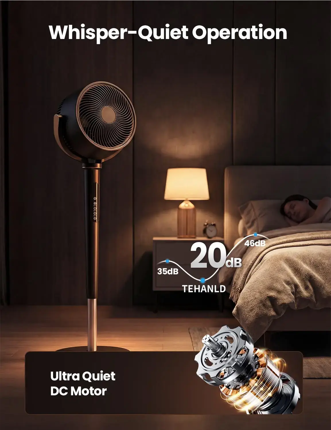TEHANLD Fan for Bedroom, 120° Oscillating Standing Fans, Quiet Floor Fan with DC Motor, 100ft Pedestal Fans for Room, 16 Speeds, 4 modes, 20dB, 37-45