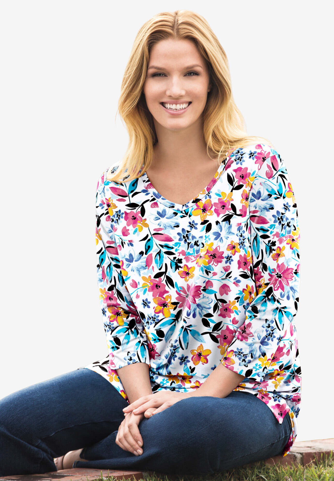 Perfect Three-Quarter Sleeve V-Neck Tunic