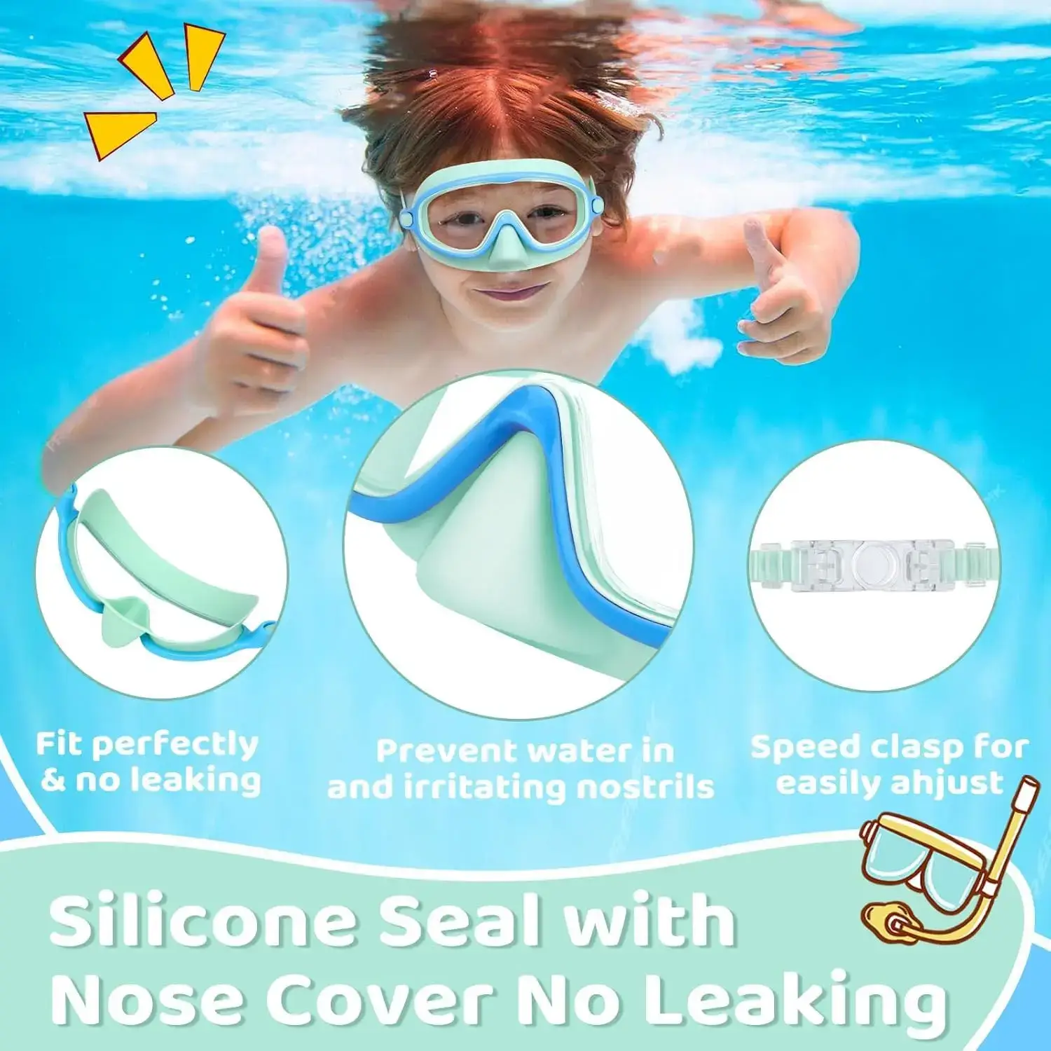 Swim Goggles 2 Pcs with Nose Cover for Ages 3-12+ Kids,Youth,UV Protection Anti-Fog Wide View Anti-Shattered Lens for Boys and Girls - Safety anti-uv swim glass anti-fog swimming goggles for Outdoor, Lake,Beach, Summer Party