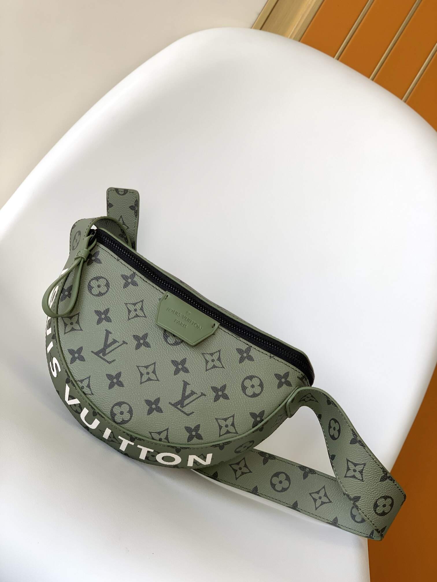 Emblem-Print Crescent Crossbody Bag | Coated Canvas with Contrast Lining & Adjustable Strap