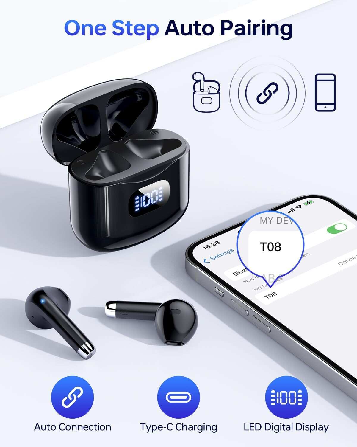 Wireless Earbuds, Bluetooth 5.3 Headphones 40Hrs Playtime with Charging Case, IPX5 Waterproof Stereo in-Ear Earphones with Microphone for iOS Android Cell Phone Sports Workout, Black