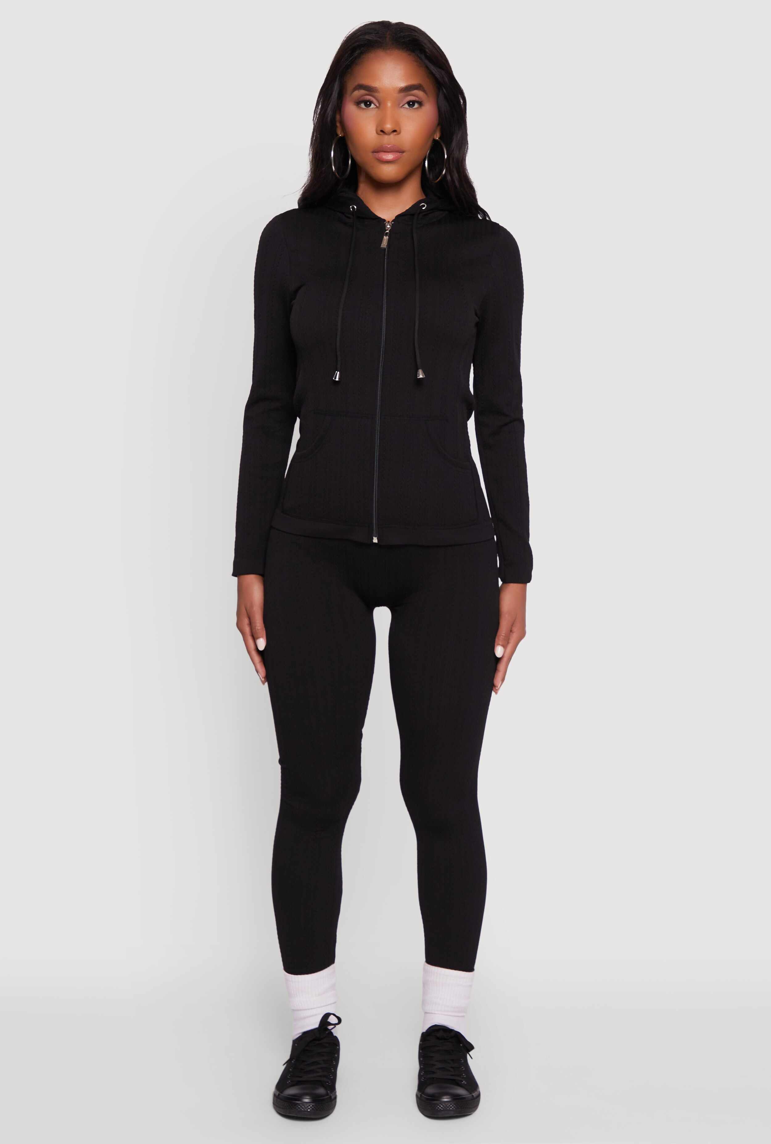 Textured Knit Zip Front Drawstring Hoodie