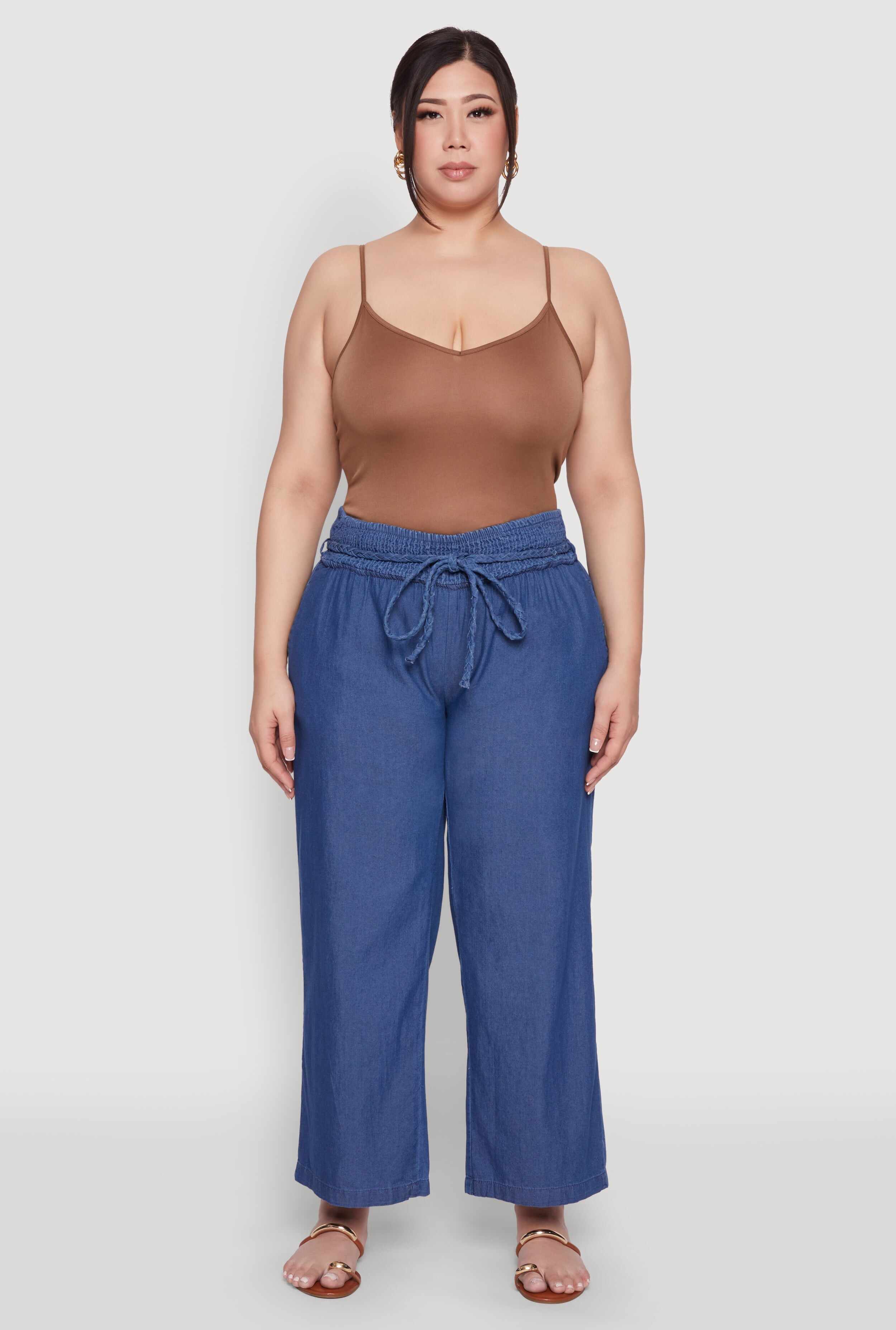 Plus Size Chambray Tie Waist Belted Pants