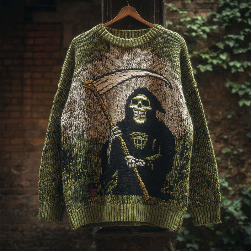 Halloween Spooky Ghoul Embroidered Crew Neck Cozy Knitted Sweater
