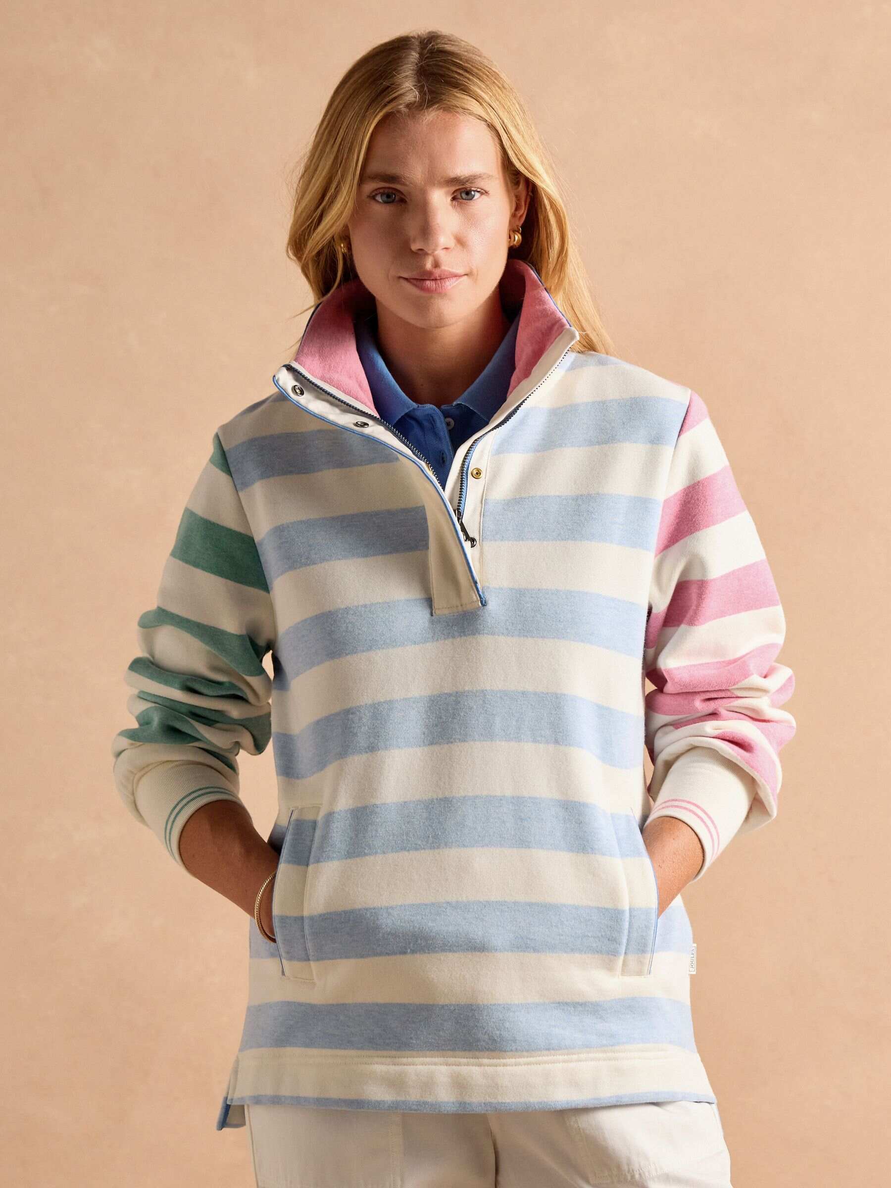Burnham White & Blue Stripe Cotton Funnel Neck Quarter Zip Sweatshirt