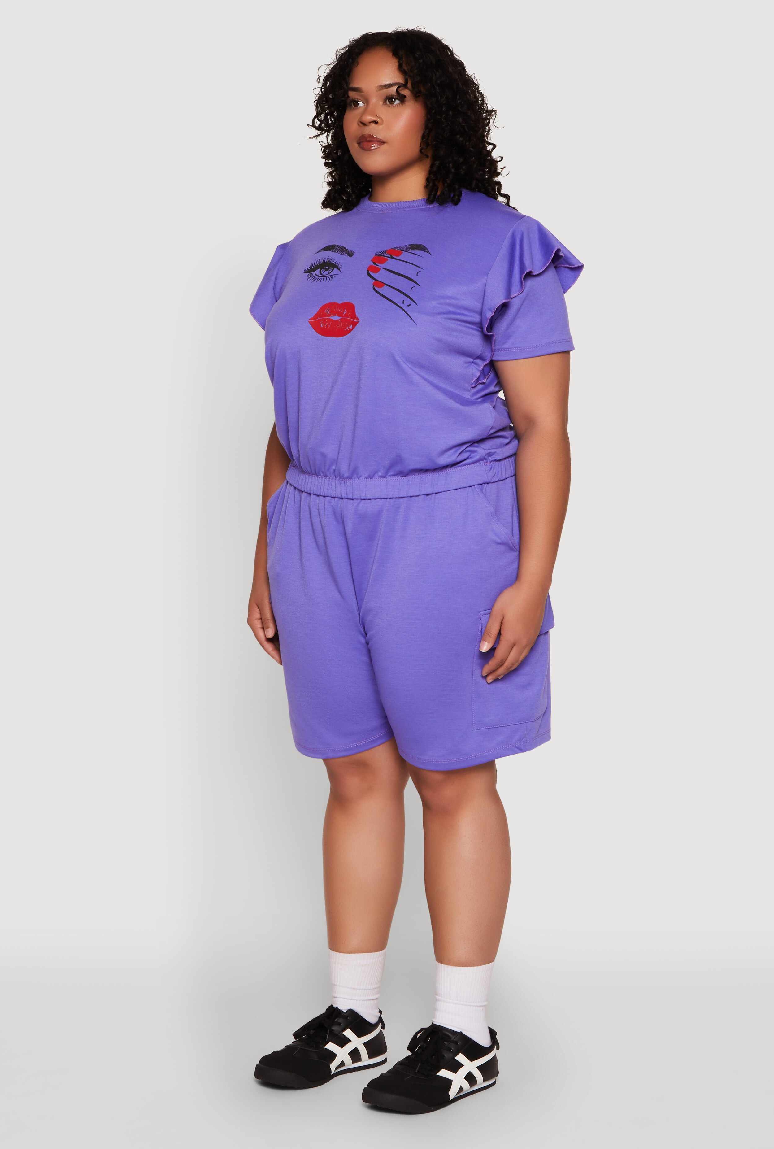 Plus Size Tiered Ruffle Sleeve Face Graphic Top