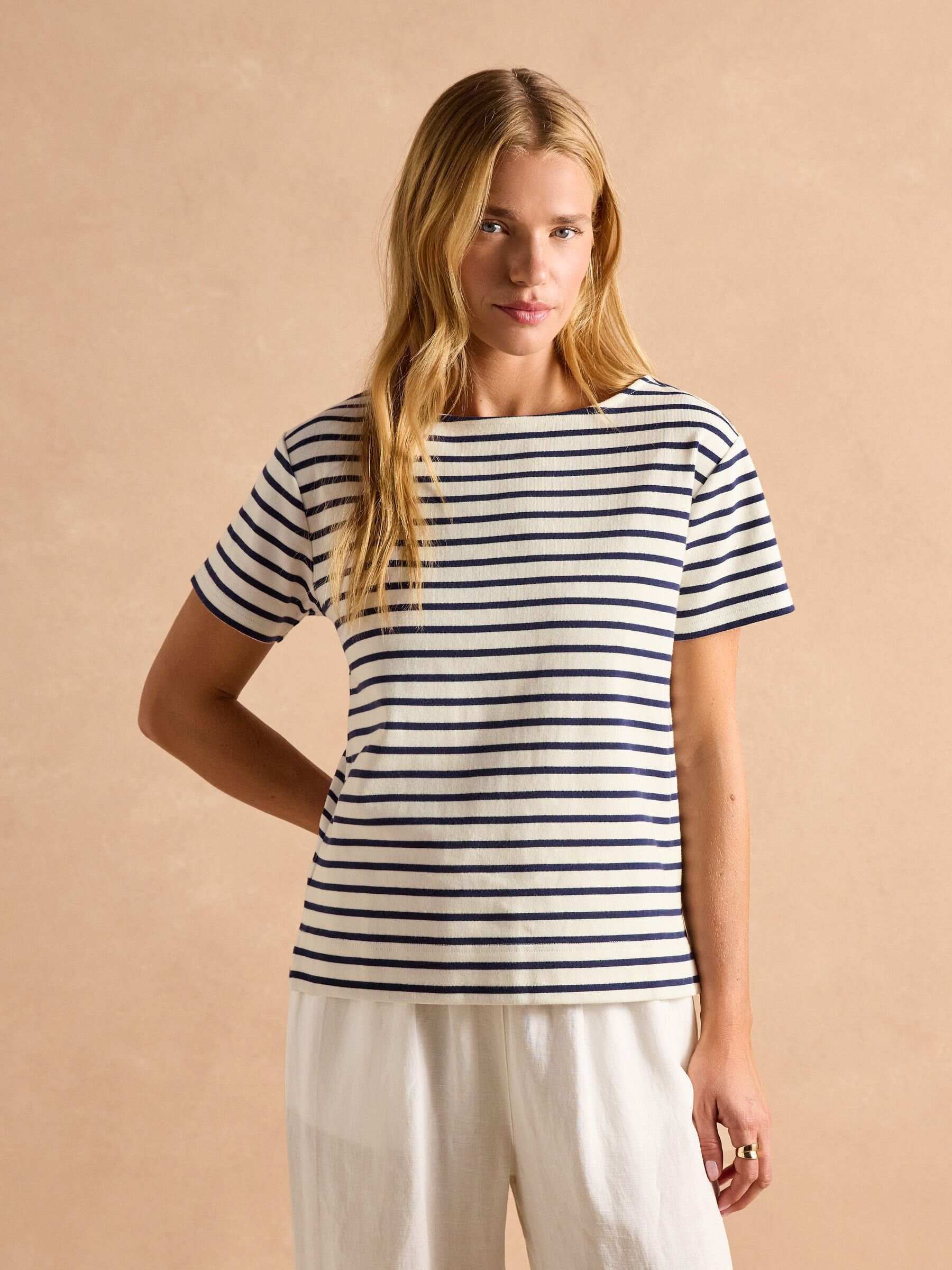 Harbour Cream/Navy Short Sleeve Boat Neck Breton Top