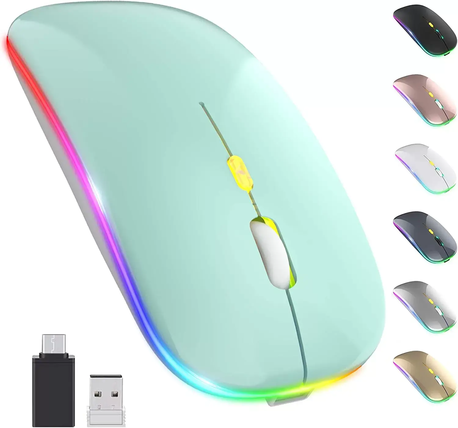[Upgrade] LED Wireless Mouse, Slim Silent Mouse 2.4G Portable Mobile Optical Office Mouse with USB & Type-c Receiver, 3 Adjustable DPI Levels for Notebook, PC, Laptop, Computer, MacBook (Pink)