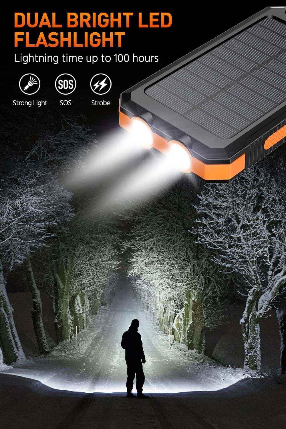 Power-Bank-Portable-Charger-Solar - 36800mAh Waterproof Portable External Backup Battery Charger Built-in Dual QC 3.0 5V3.1A Fast USB and Flashlight for All Phone and Electronic Devices (Deep Orange)