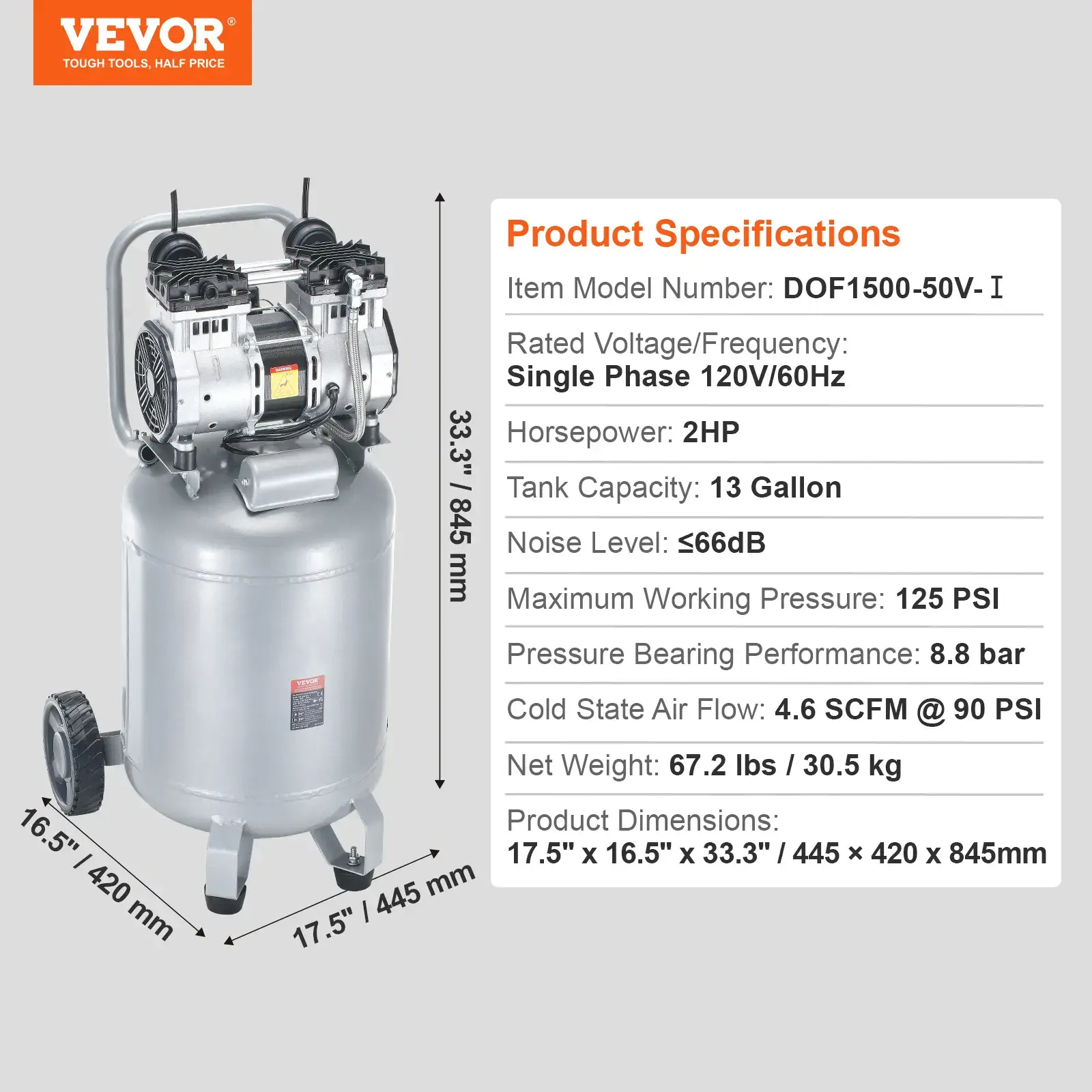 13 Gallon Air Compressor,, 2HP 4.6 SCFM@90PSI Oil Free Air Compressor Tank, 66dB Ultra-Quiet Compressor for Tire Inflation, Auto Repair, Woodwork Nailing, Spray Painting (125PSI Max Pressure)