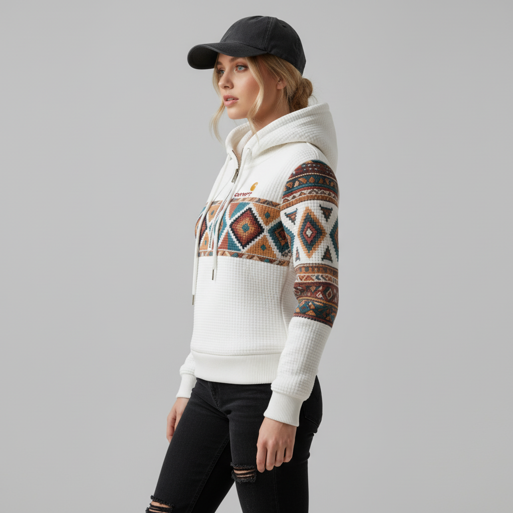 Women's Retro Loose Comfort Ethnic Print Color Block Waffle Patchwork Half Zipper Stand Collar Hooded Sweatshirt