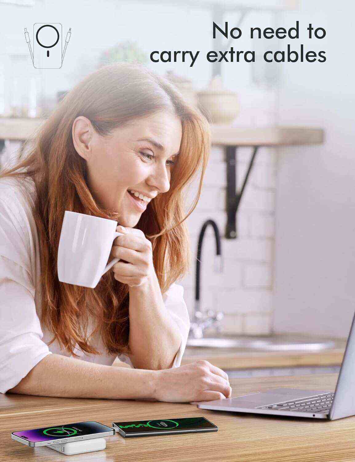 podoru Wireless Portable Charger, 10000mAh Magnetic Power Bank Built-in USB-C Lighting Cables 22.5W PD Fast Charging LED Display Mag-Safe Battery Pack for iPhone 15/14/13/12/Mini/Pro/Pro Max - White