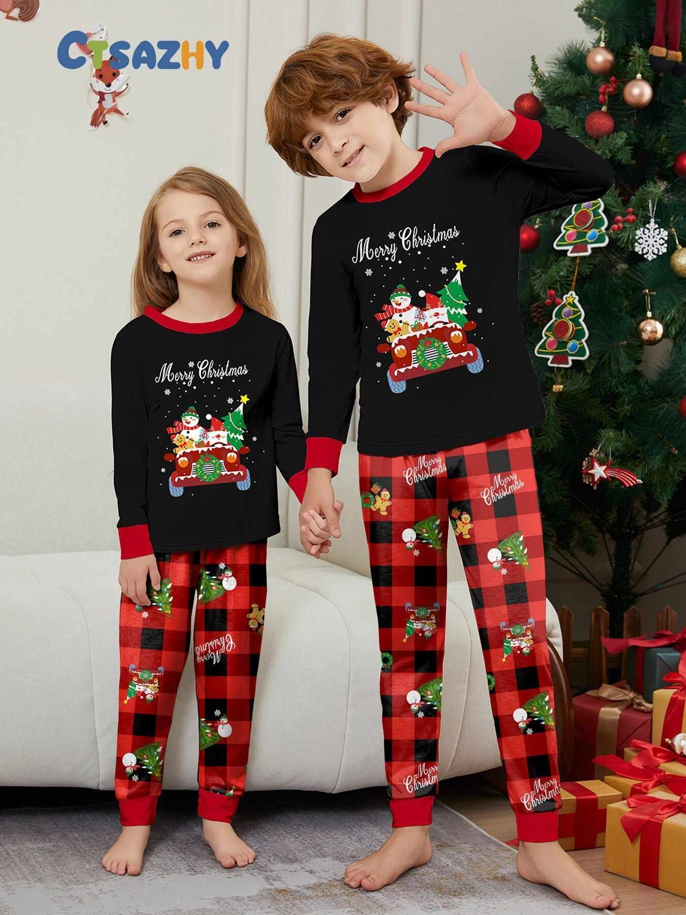 Car Snowman Printed Family Matching Christmas Pajamas Sets