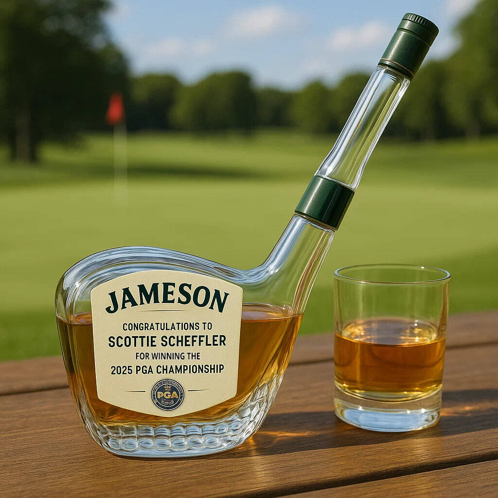 Golf club whiskey bottle commemorating Scottie Scheffler's win of the 2025 PGA Championship