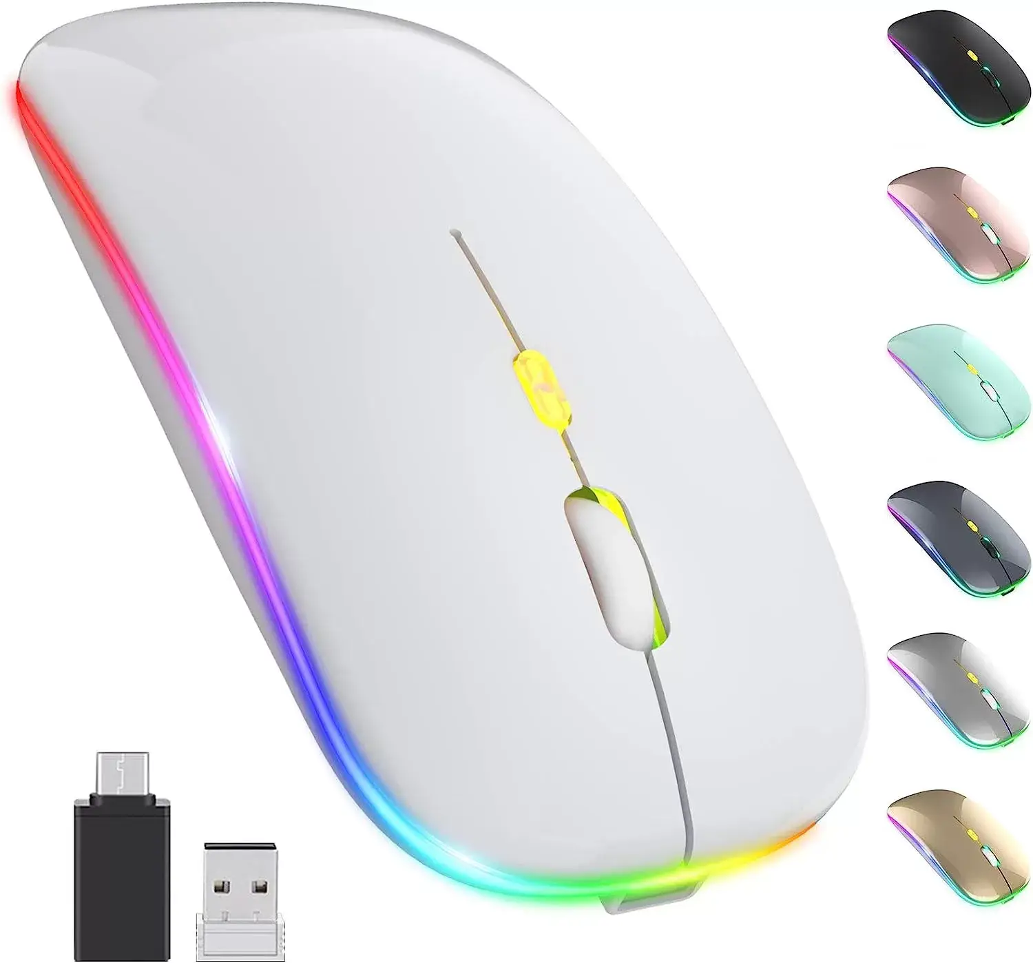 [Upgrade] LED Wireless Mouse, Slim Silent Mouse 2.4G Portable Mobile Optical Office Mouse with USB & Type-c Receiver, 3 Adjustable DPI Levels for Notebook, PC, Laptop, Computer, MacBook (Pink)