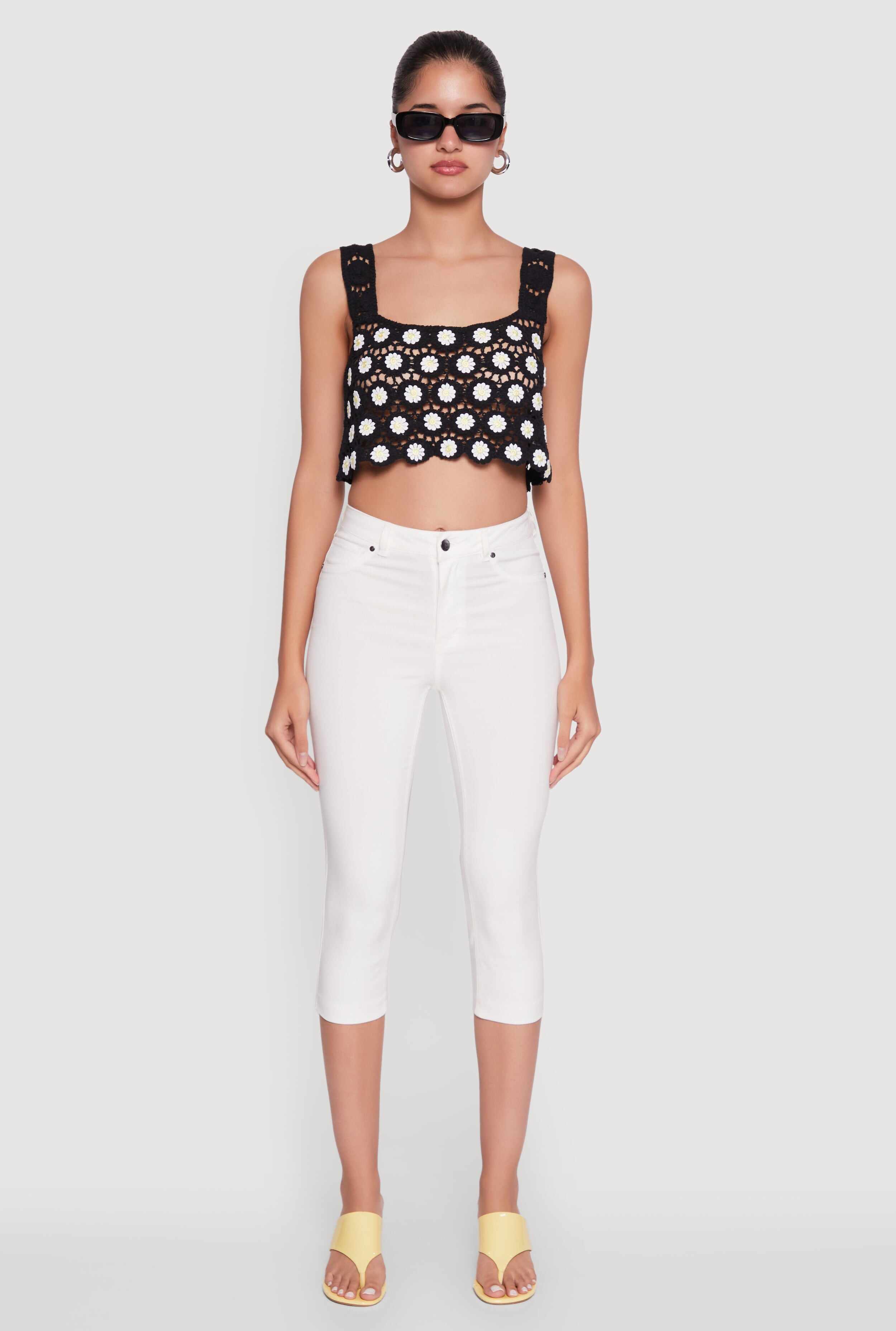 Crochet Daisy Print Sleeveless Crop Top