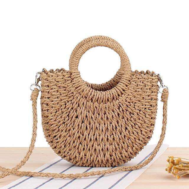 Women's Handbag Crossbody Bag Straw Bag Straw Holiday Beach Large Capacity Breathable Solid Color Folk off white khaki