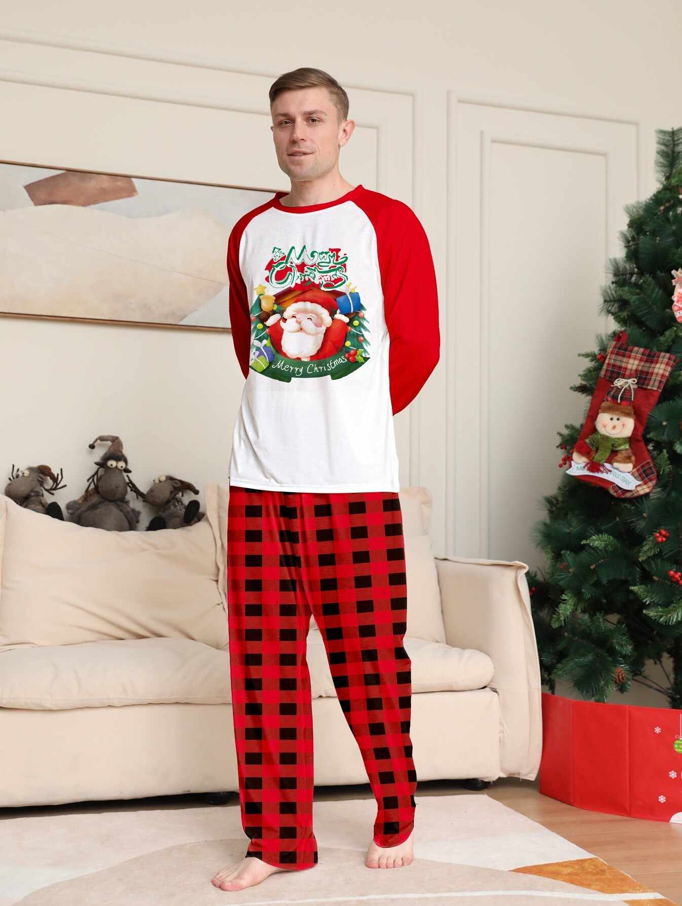 Santa Red Plaid Print Family Holiday Pajama Set