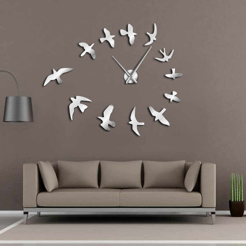Decorative Mirror Wall Clock Flying Birds Wall Clock Modern Design Luxury Frameless DIY Large Clock
