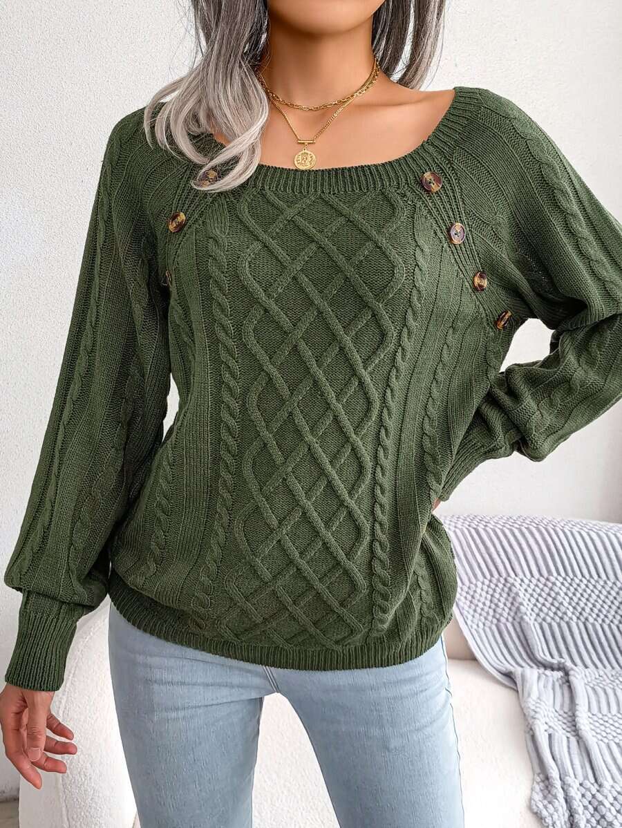Cable Knit Button Detail Raglan Sleeve Sweater