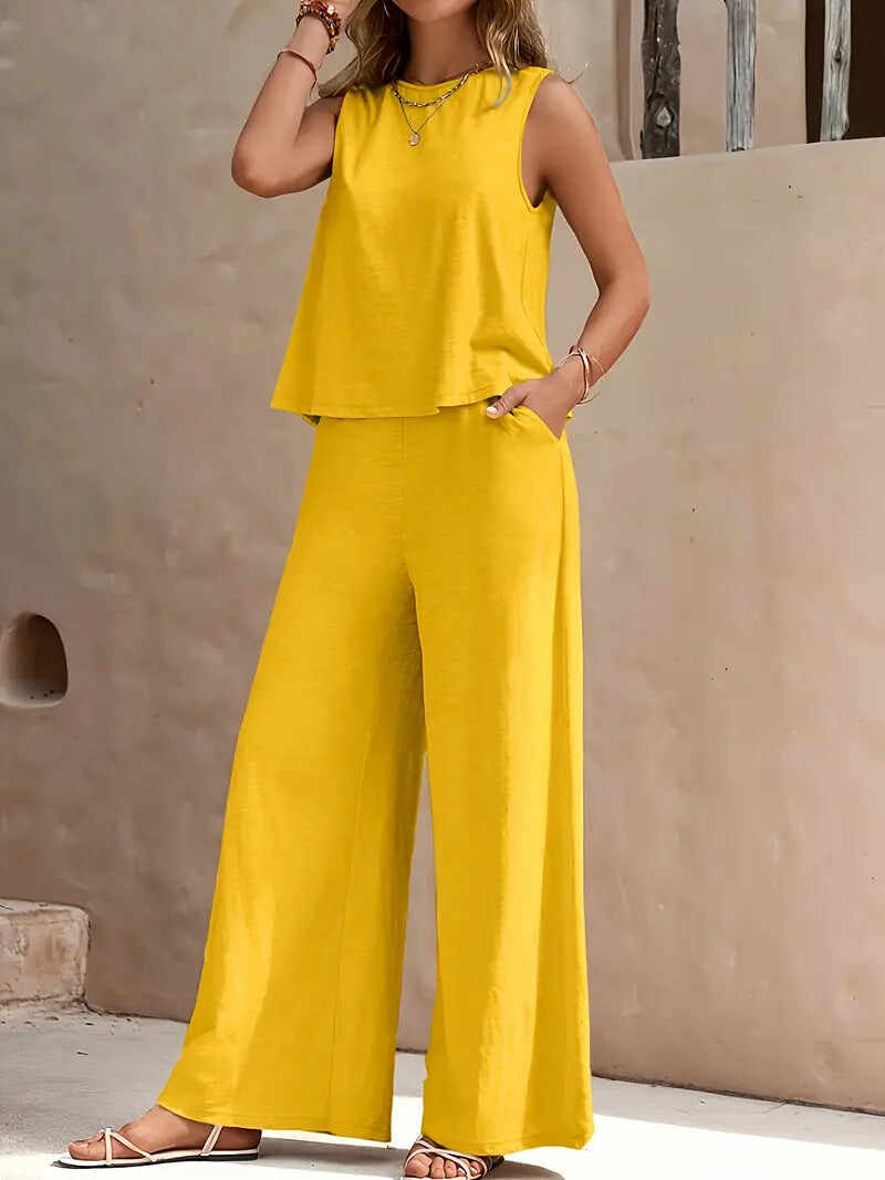 🔥Summer Arrivals🌟Women's Casual Crew Neck Top And Wide-leg Pants Set