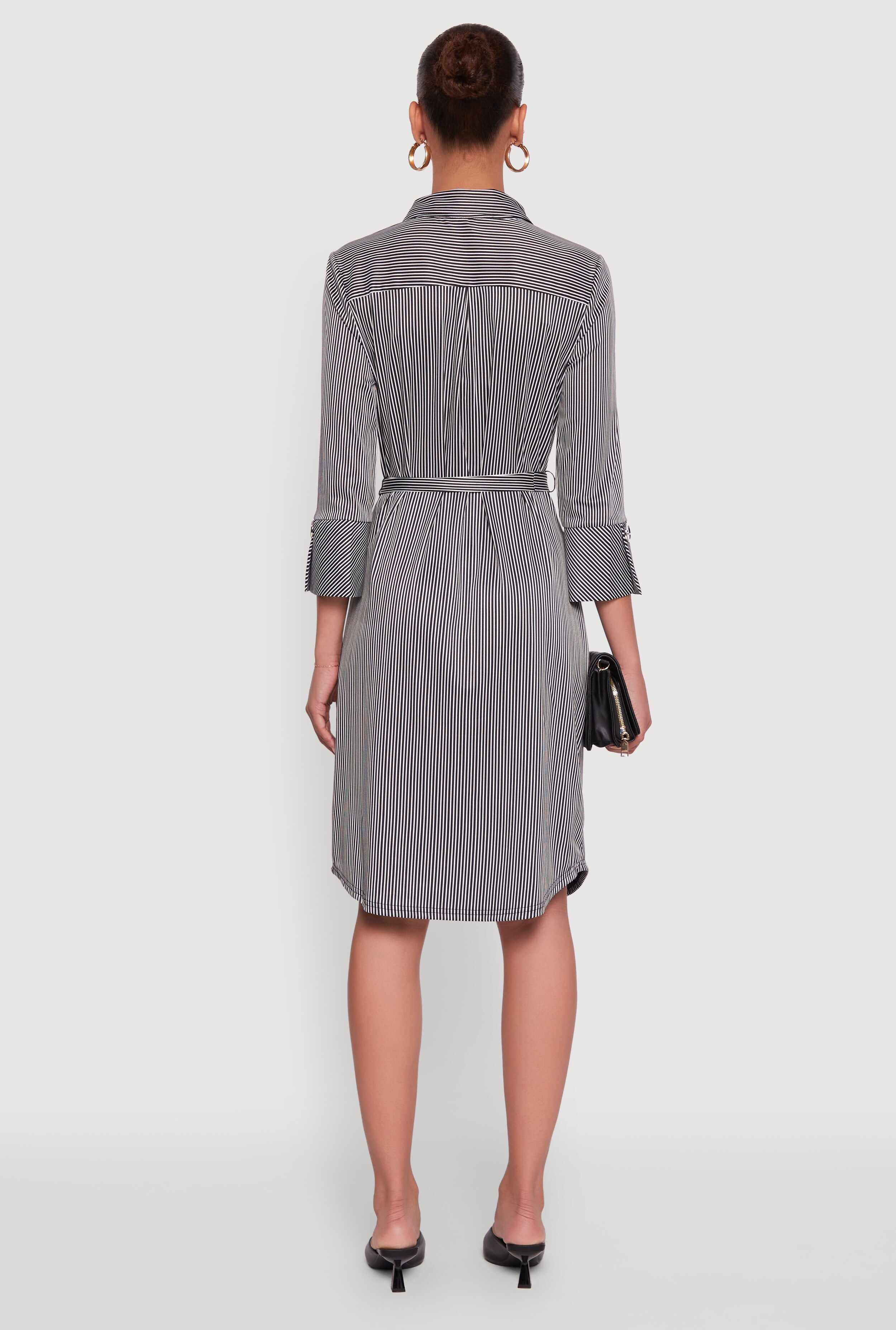 Classic Fit Striped Midi Dress with Tie Waist Belt