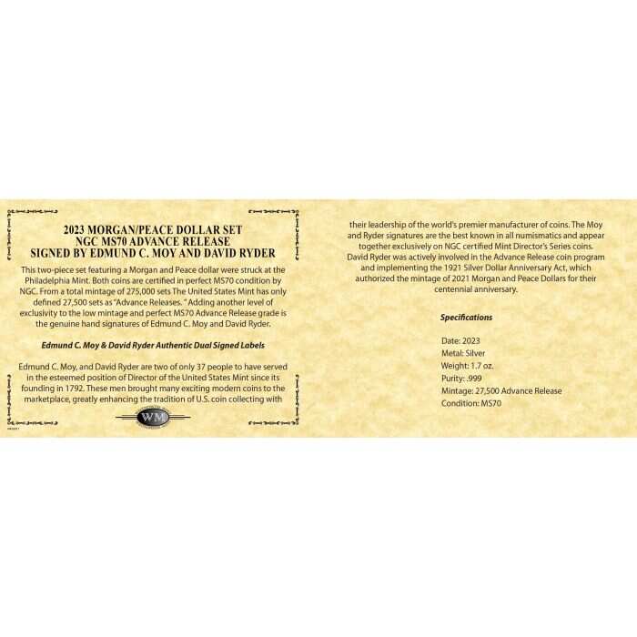 2023 Morgan & Peace Silver Dollars NGC MS70 Advance Release w/Moy & Ryder Signature