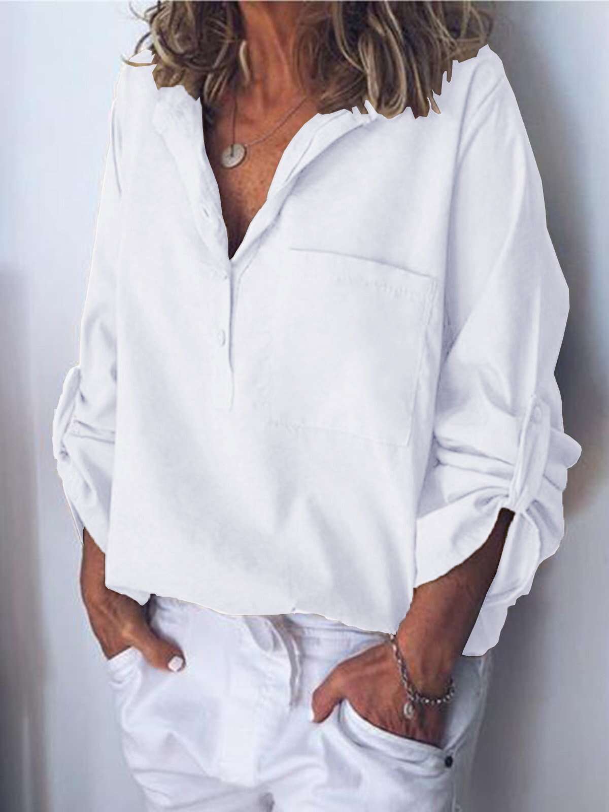 Women's Cotton Linen V-Neck Fashion Commuter Casual Shirt