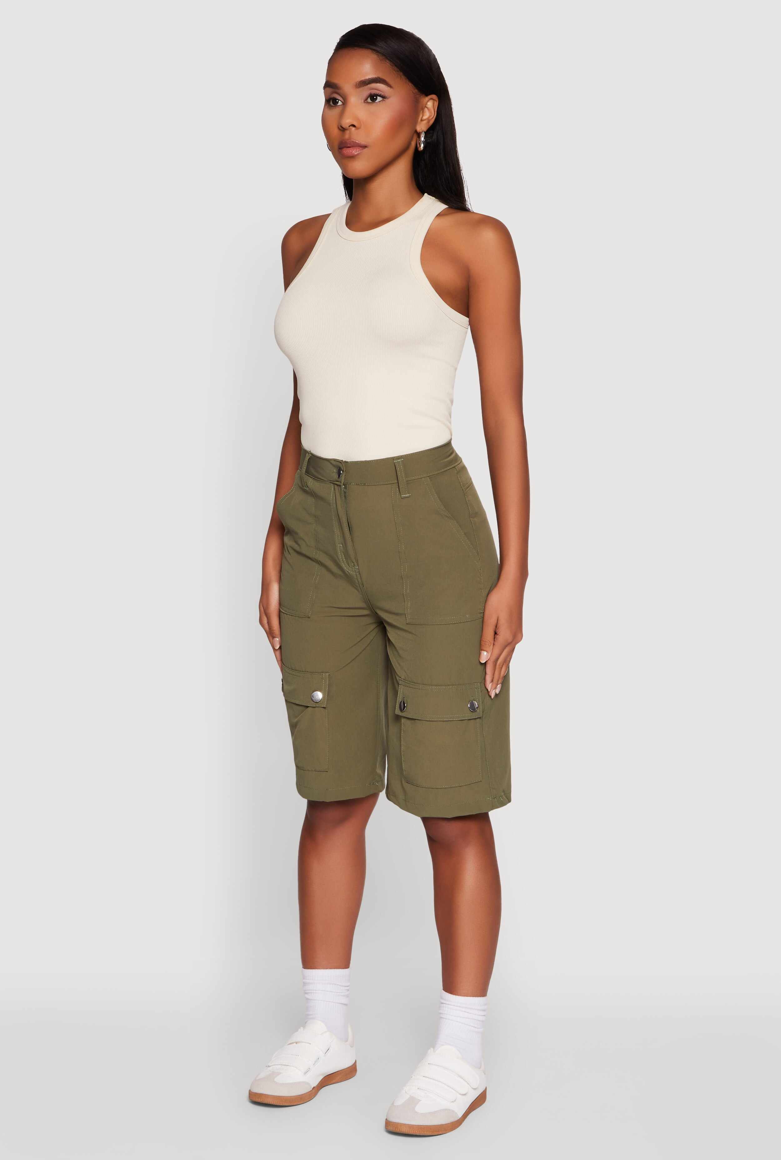 Trendy High Waisted Nylon Cargo Shorts