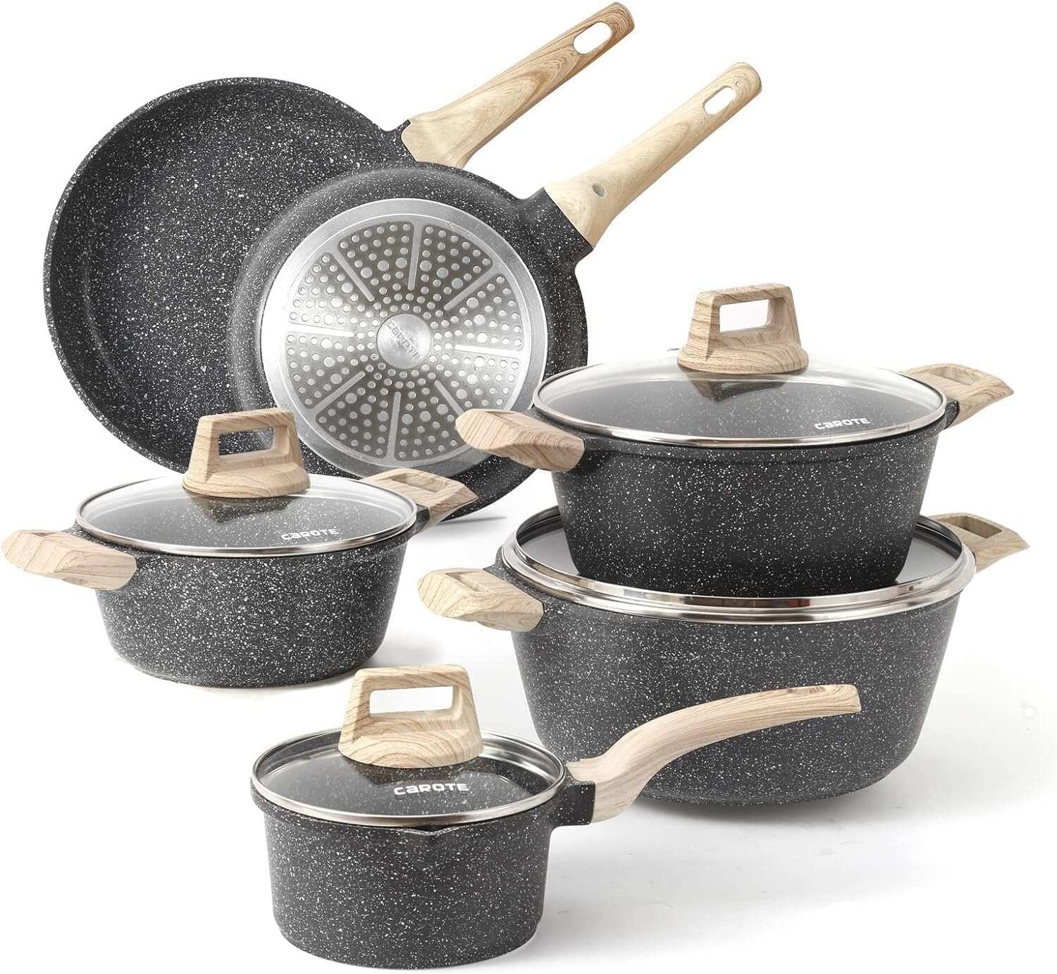CAROTE ICE 35pcs Pots and Pans Set, Nonstick Cookware Sets, White Granite Induction Cookware with Kitchen Knife Set