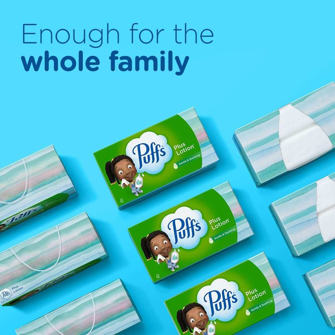 Puffs Plus Lotion Facial Tissues, 8 Family Boxes, 124 Facial Tissues per Box, Allergies and Colds