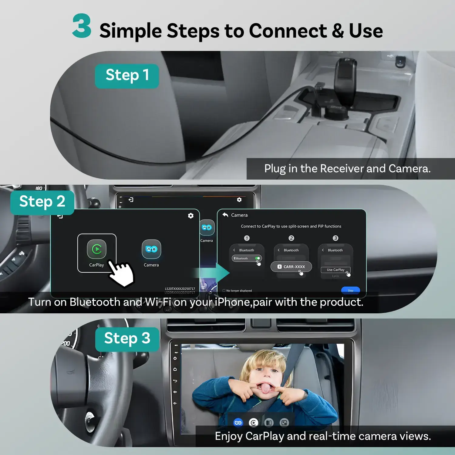 Baby Car Camera &Wireless CarPlay Adapter,1080P HD Rear Seat Monitor Display on Car Screen,150°Wide Angle No-Glow Night View, Safety for Kids & Infants