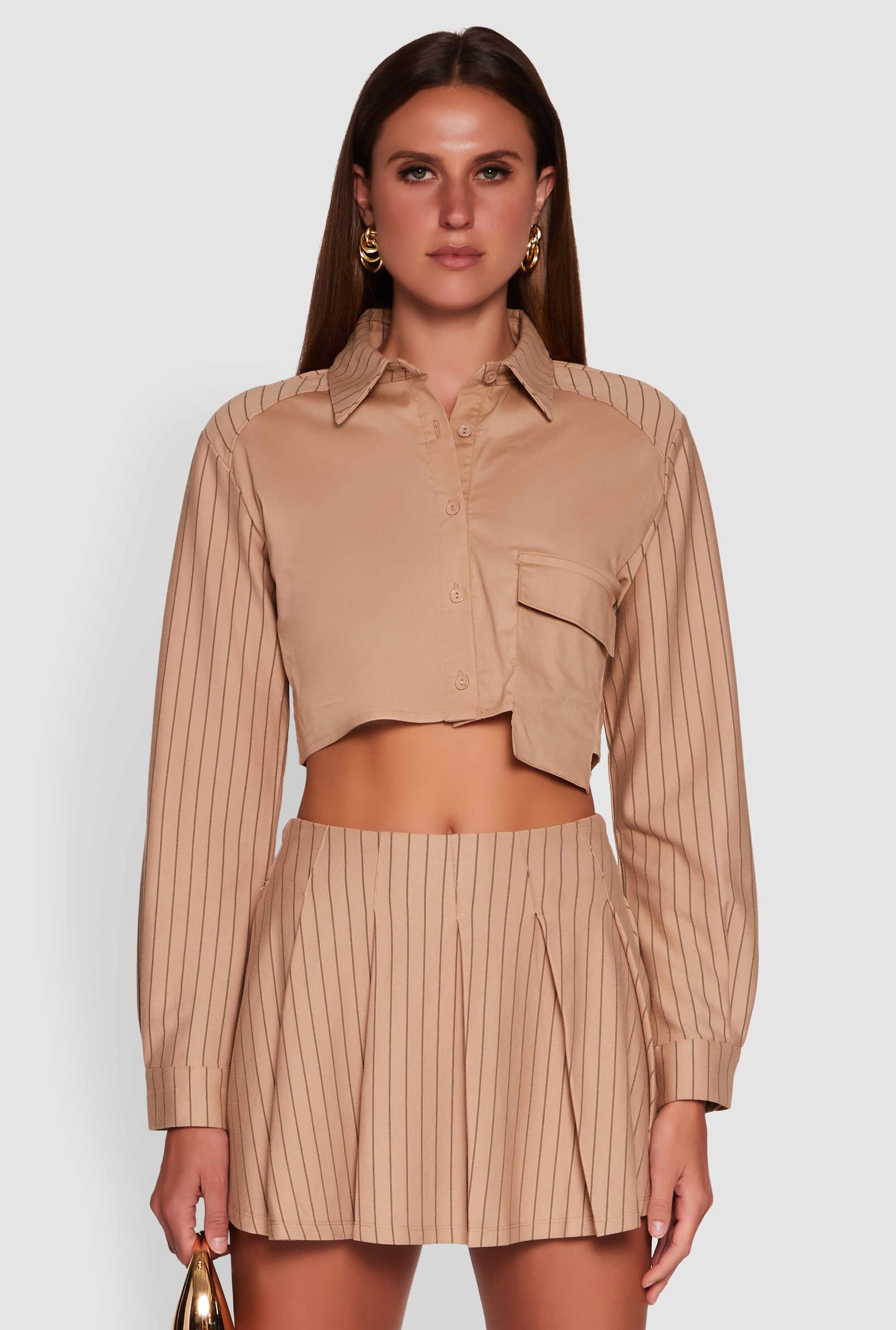 Trendy Pinstripe Detail Cropped Shirt with Flap Pocket