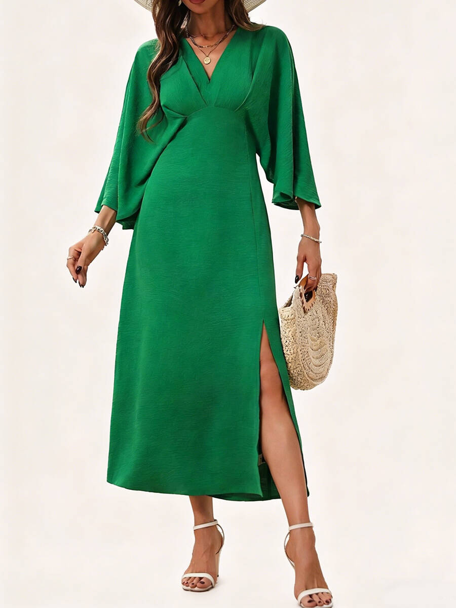 🔥Summer Arrivals🌟Women's V-neck Slit Loose-fitting Long-sleeved Dress