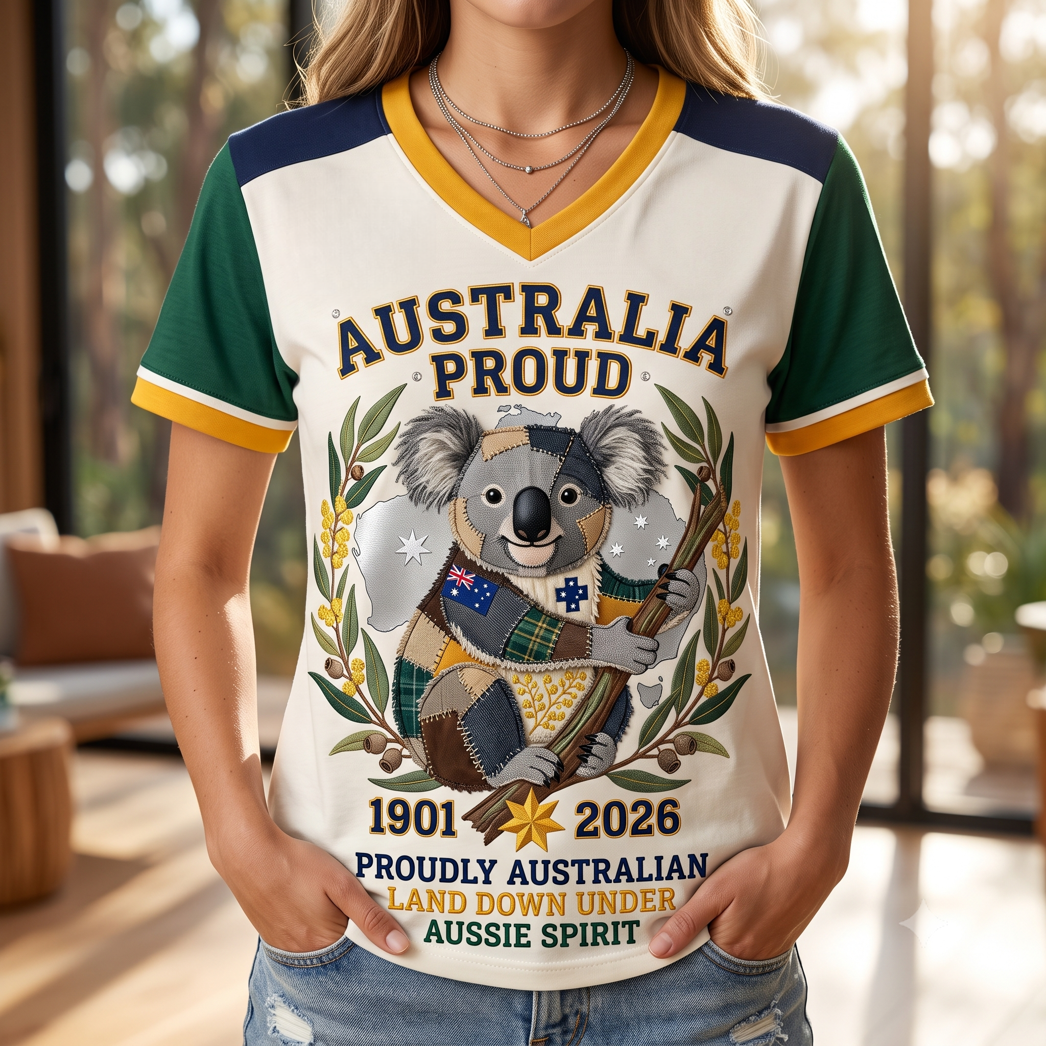 Printed Casual V-neck Short-sleeved Koala T-shirt