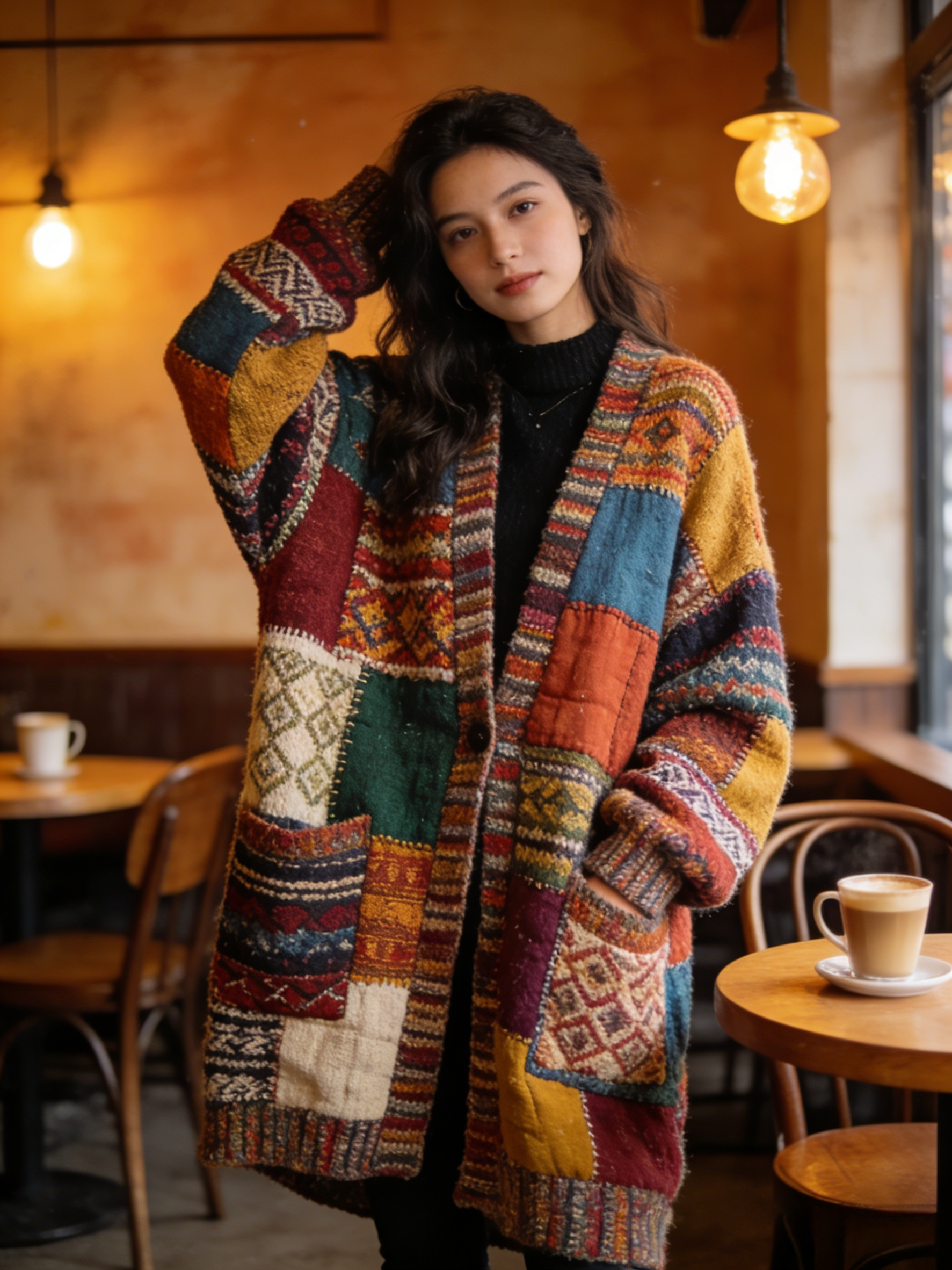 Bohemian Colorblock Oversized Patchwork Jacquard Knit Cardigan Winter