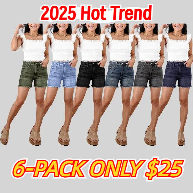 🔥2025 Hot Trend🔥Judy Dark Wash Tummy Control Fray Hem Shorts with Shield Back Pockets