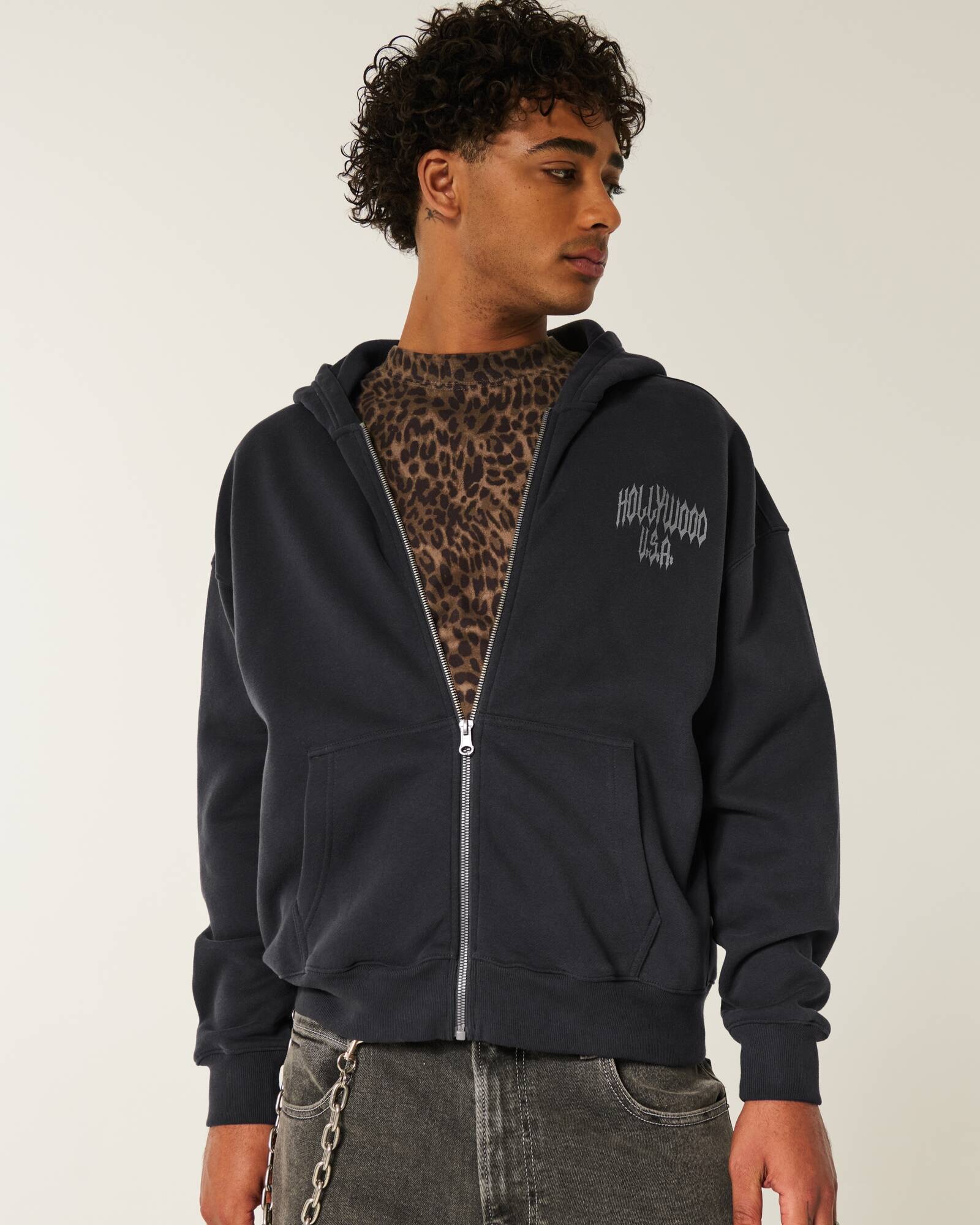 Boxy Flame Graphic Zip-Up Hoodie