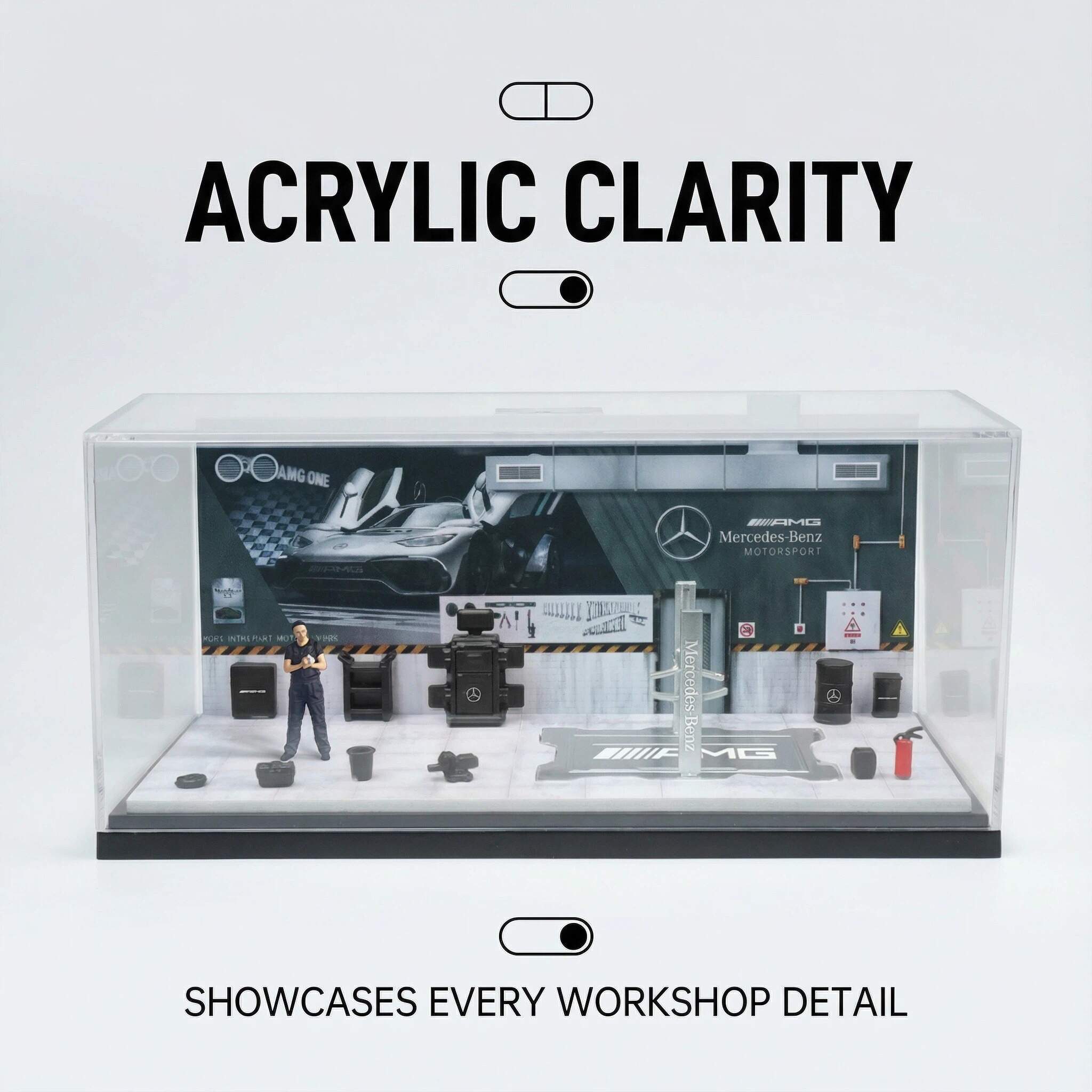 1:64 Scale Motorsport Workshop Diorama Display Case – Racing Garage Scene for Diecast Cars