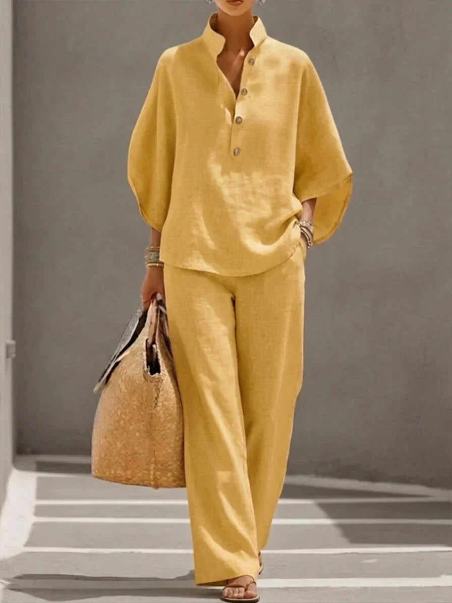 Maribel | Linen Set with Batwing Sleeves and Wide Pants