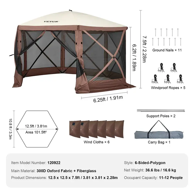 12x12ft 6-Sided Pop Up Screen Gazebo Tent, Outdoor Canopy Shelter With Mesh Windows, Carry Bag & Stakes, Large Shade Tent For Backyard Lawn Camping, Brown/Beige Available