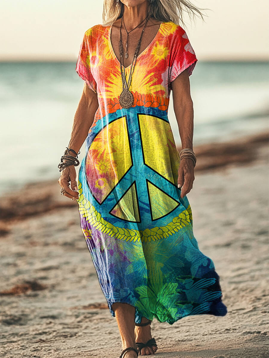 Women's Colorful Hippie Flower Art Short Sleeve Pocket Cotton Linen Dress