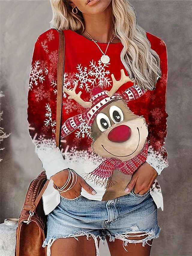 Women's Christmas Sweatshirt Reindeer Snowflake Print Long Sleeve Crew Neck Holiday Red White Casual Festive Winter Clothing Apparel