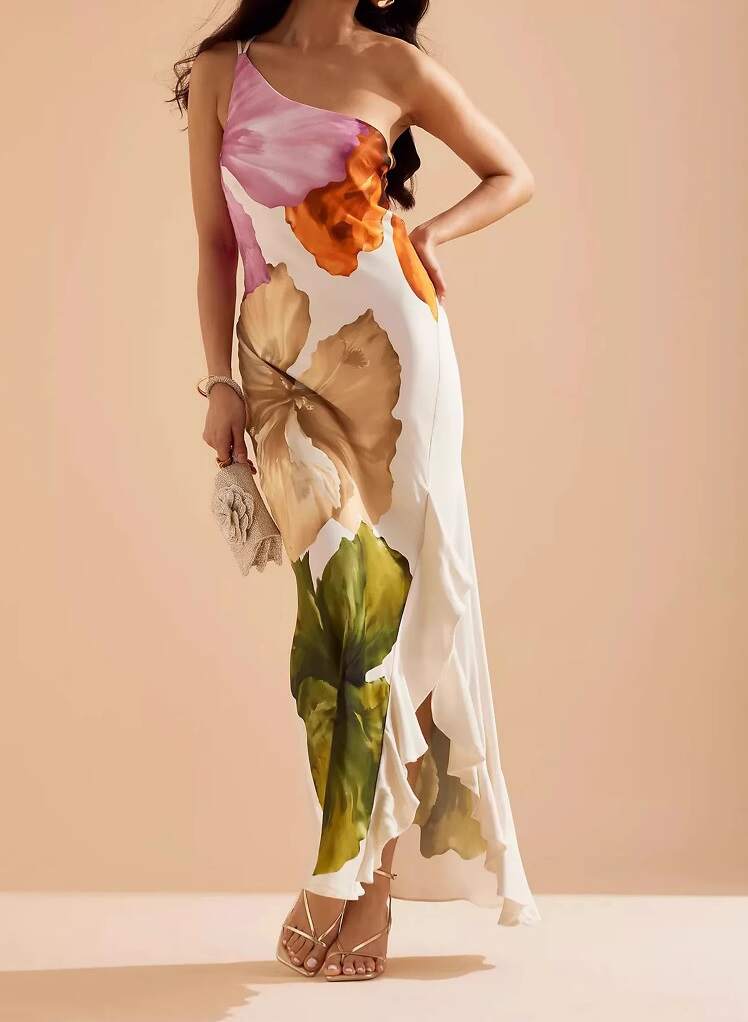 Love Filled Floral Print One Shoulder Side Ruffles Maxi Slip Dress