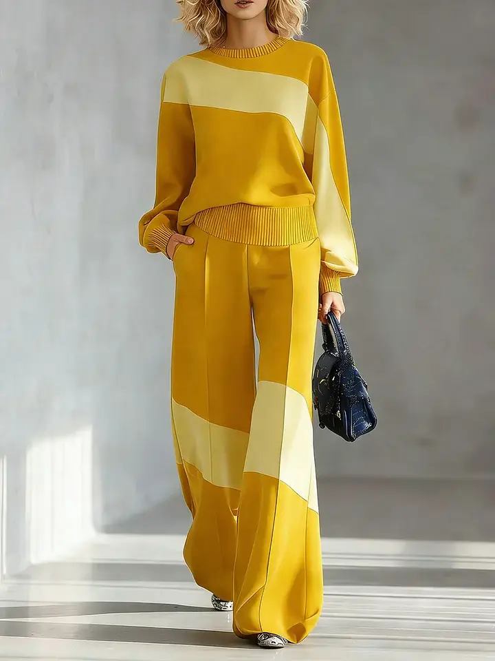 🔥Summer Arrivals🌟Women's Color-block Round Neck Long-sleeved Casual Loose Wide-leg Pants Knitted Set